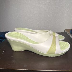 CROCS Sassari Women’s 10 Comfort Slip-On Wedges Heels Slides Shoes Green White